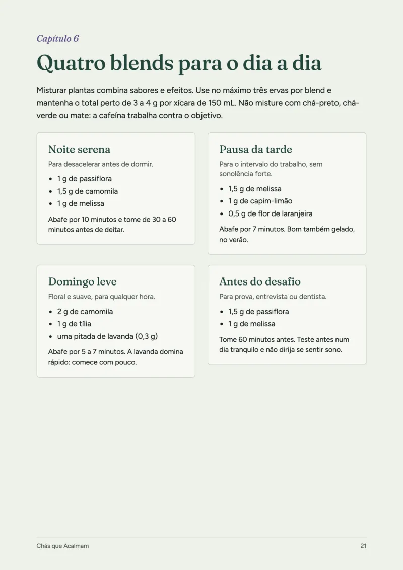 Página do e-book com quatro blends de chás calmantes