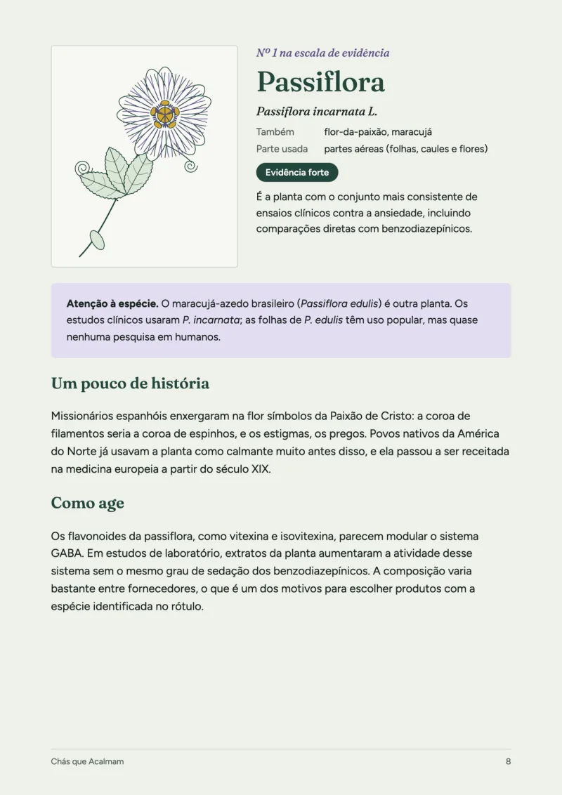 Página do e-book sobre passiflora, com ilustração botânica e selo de evidência forte